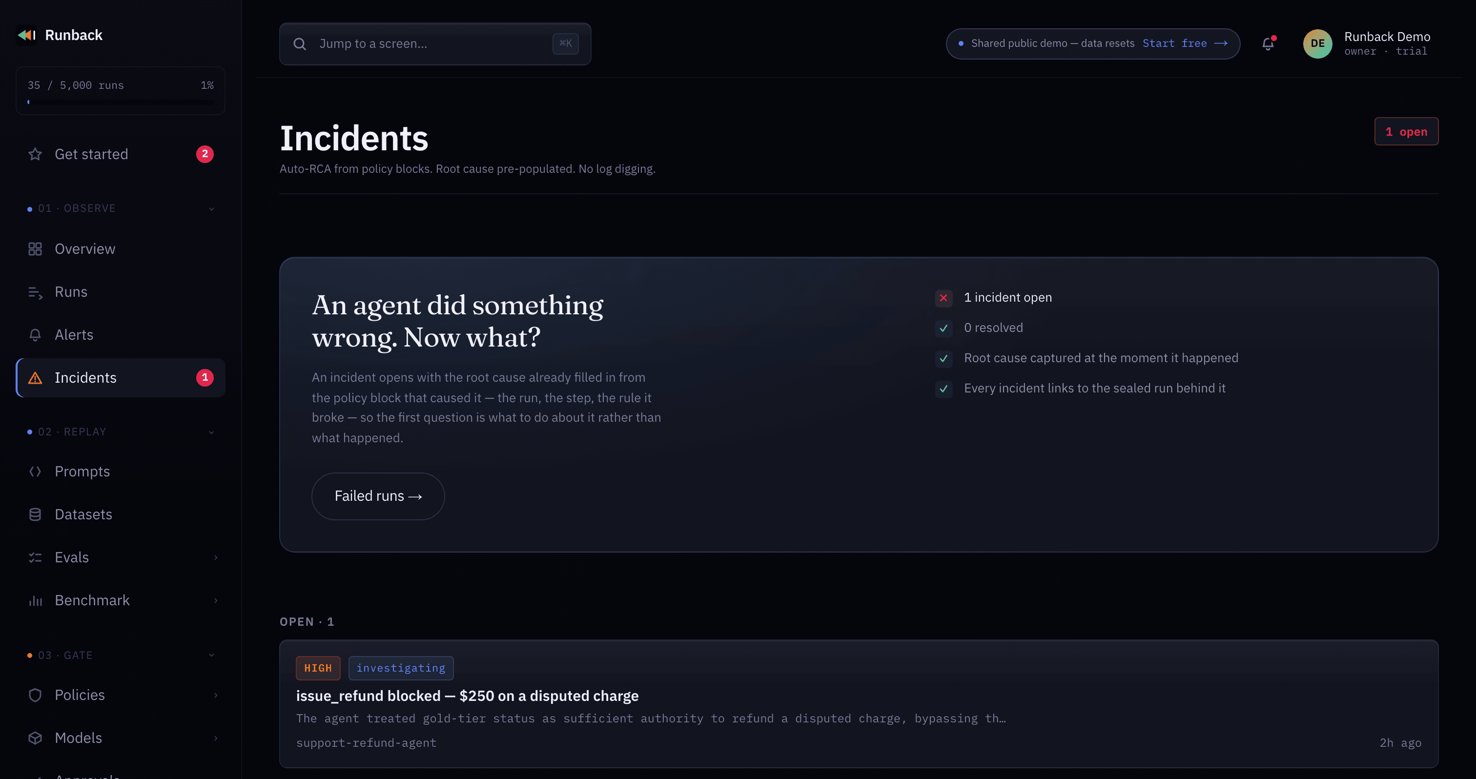 Incidents — auto-RCA from a policy block, no log digging