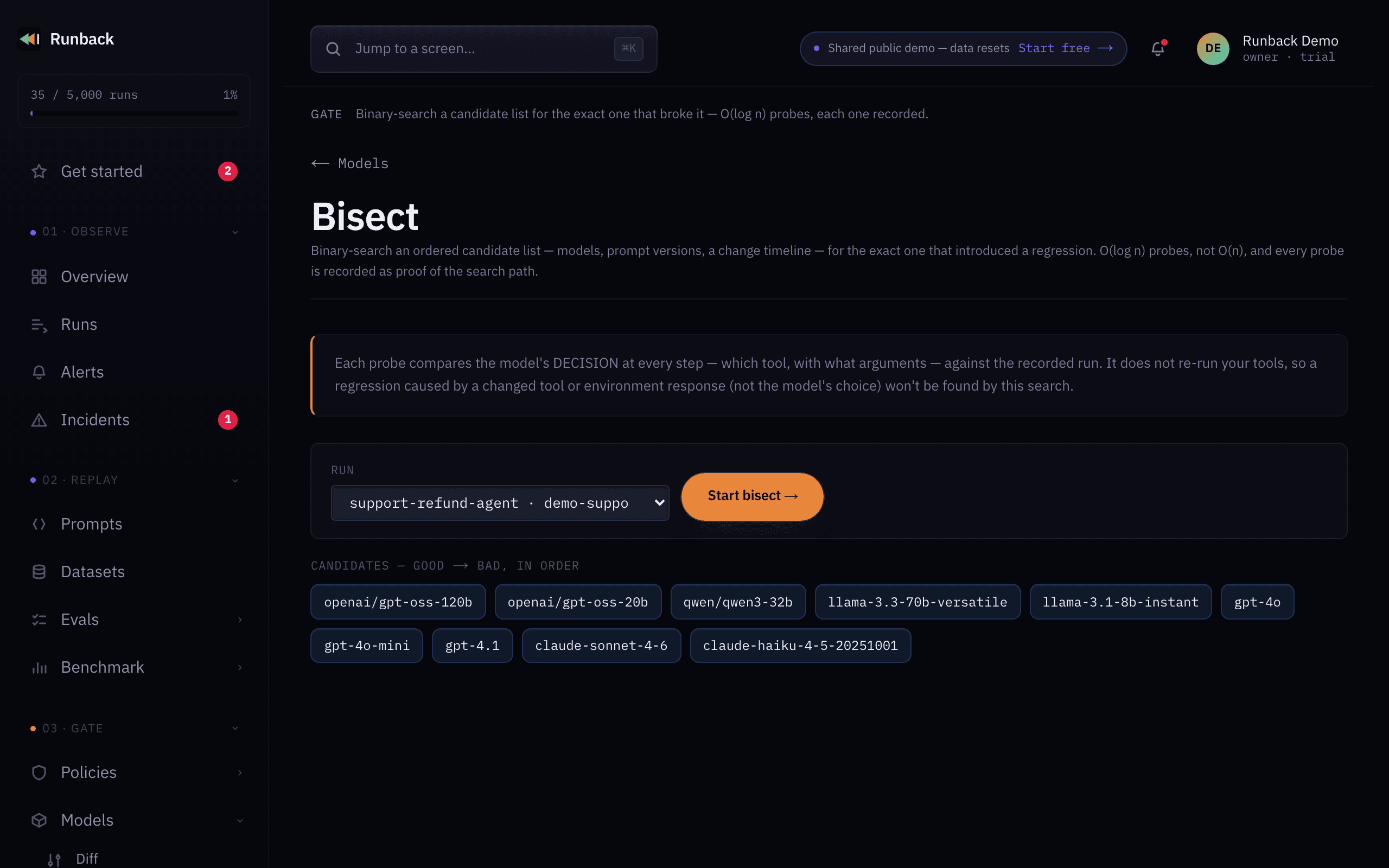 Runback's bisect screen: a run selected for search above ten candidate models ordered good to bad, from gpt-oss-120b through to claude-haiku.