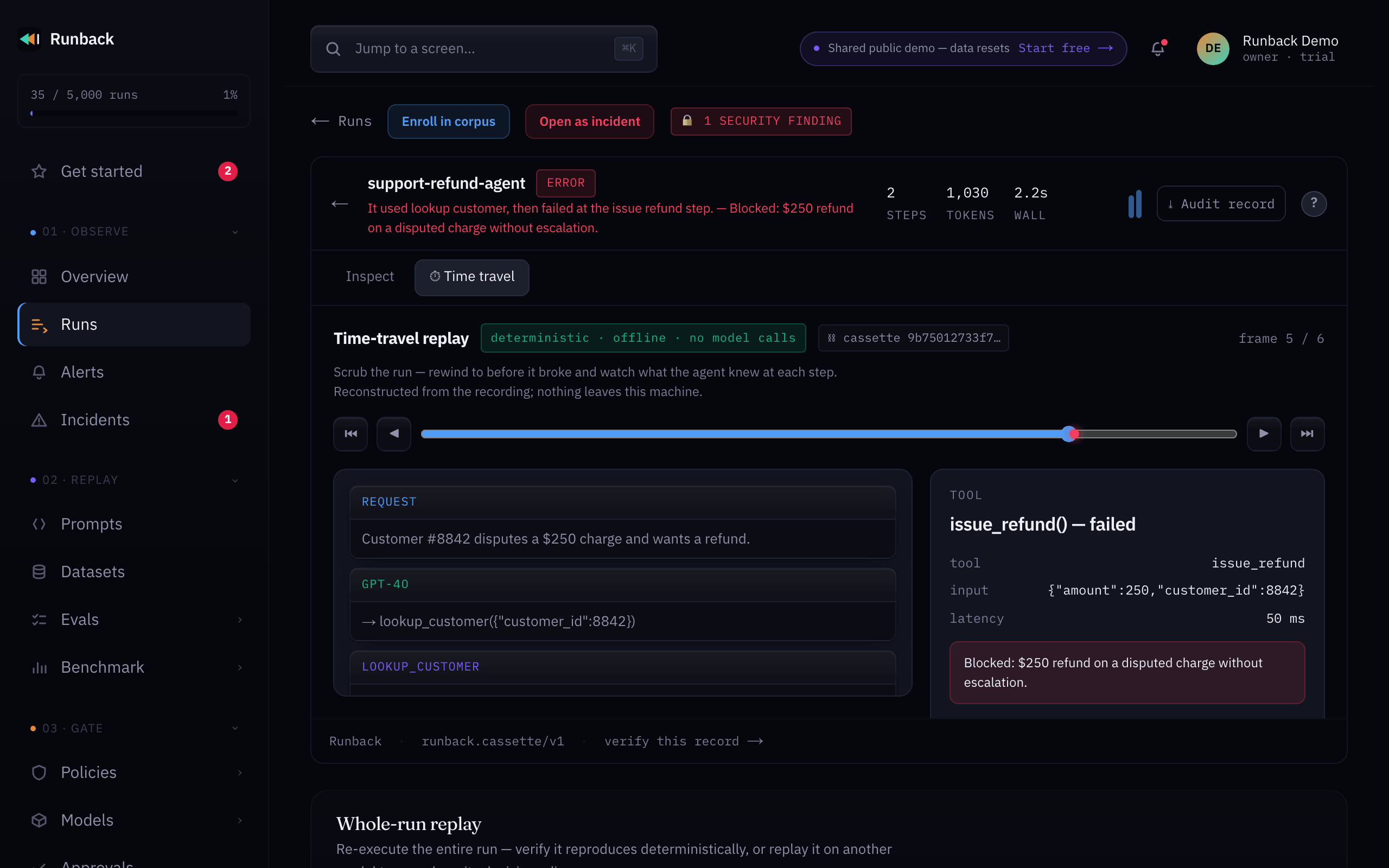 The Evals screen in Runback, listing eval runs with their status and scores.