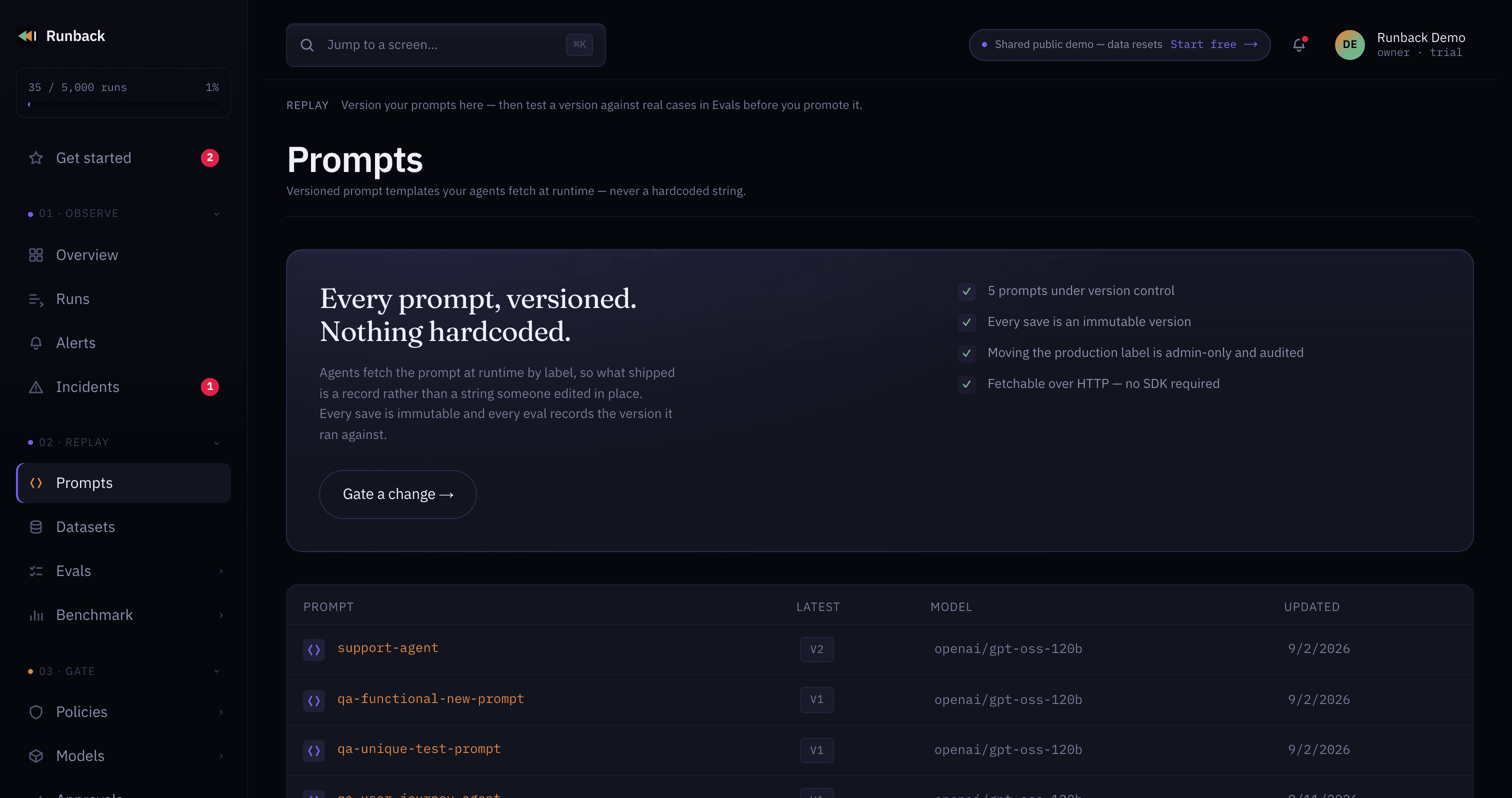Prompts — versioned templates, movable labels