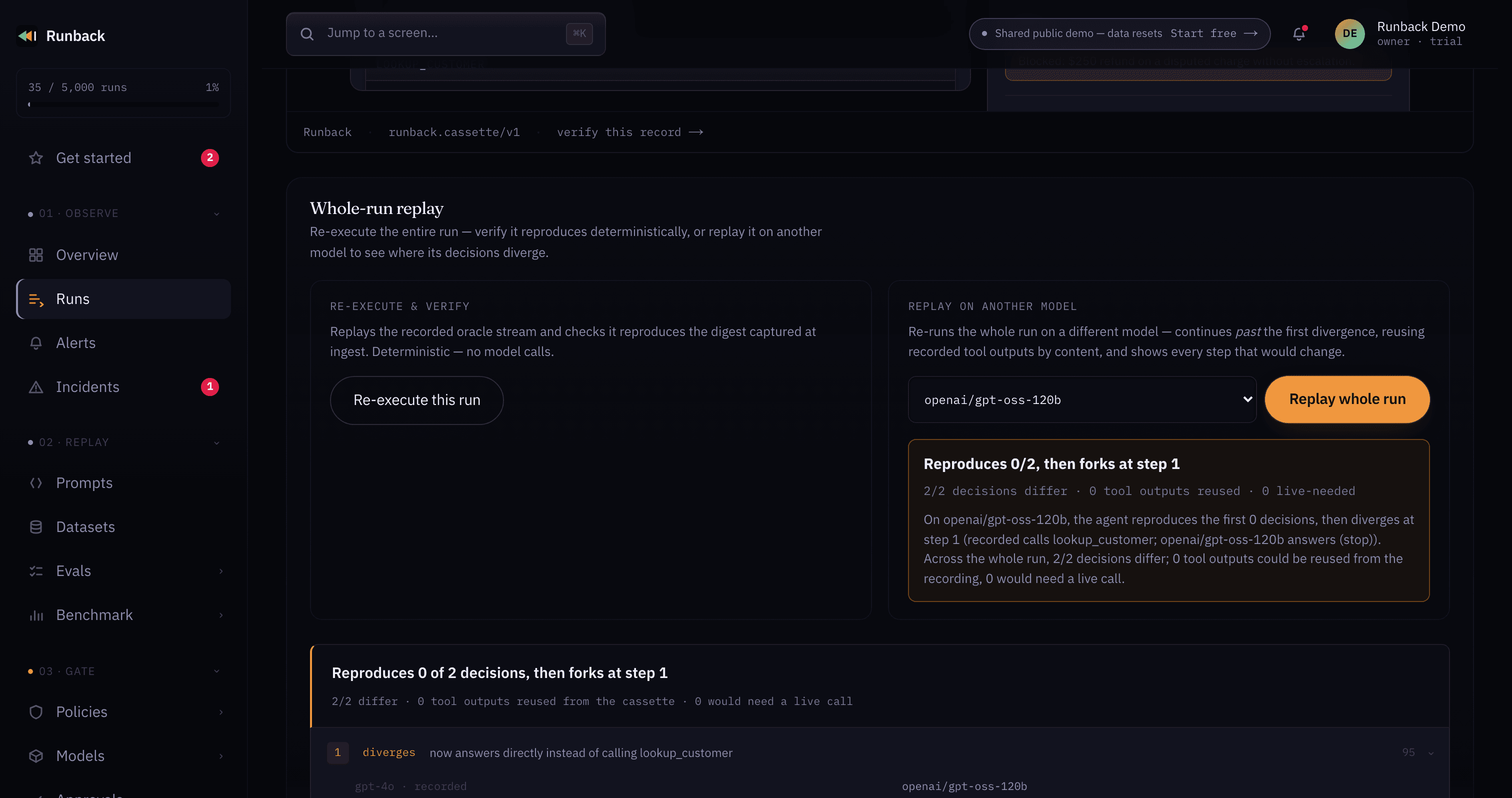 Replay diff — which decisions changed, and where it forked