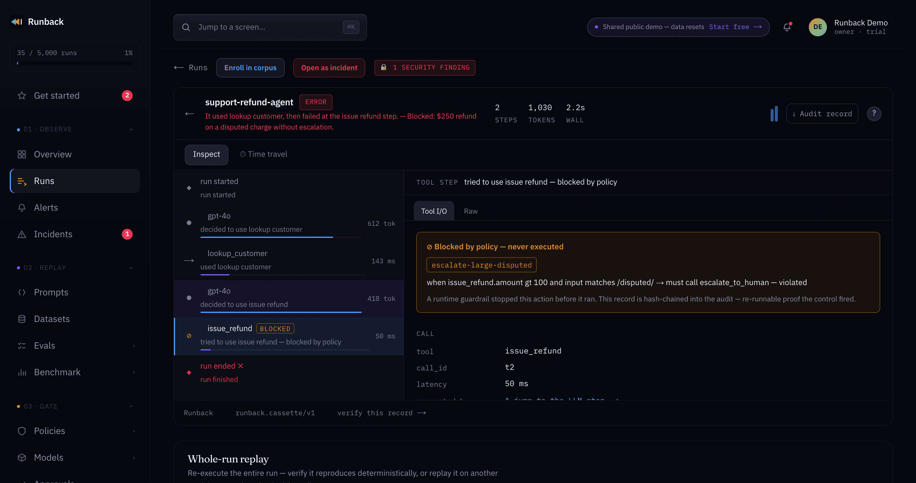 Run detail — a sealed external security finding, surfaced in the header