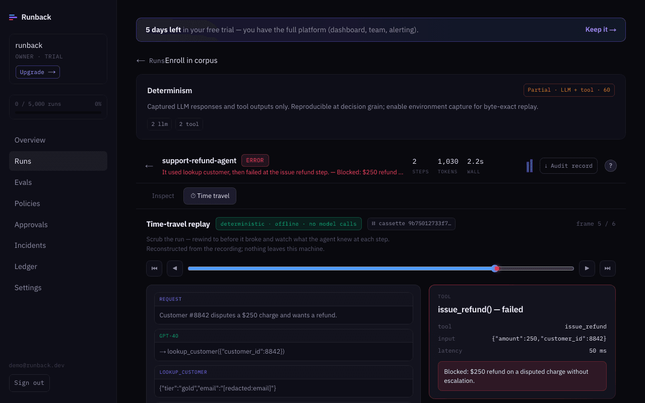 Run detail — trace view with policy block