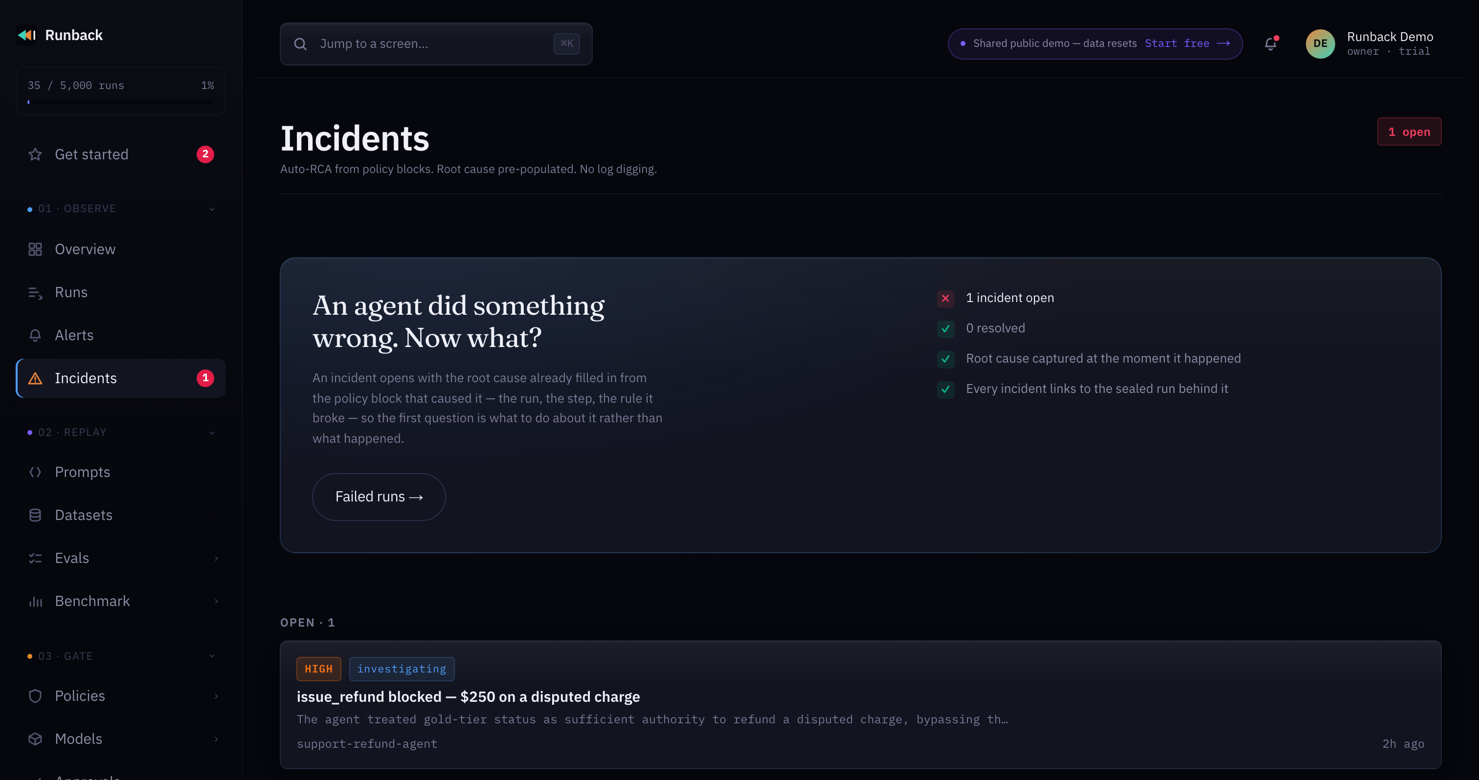 Runback's incidents screen: a summary panel reporting one incident open and none resolved, with root cause captured at the moment it happened and every incident linked to the sealed run behind it.